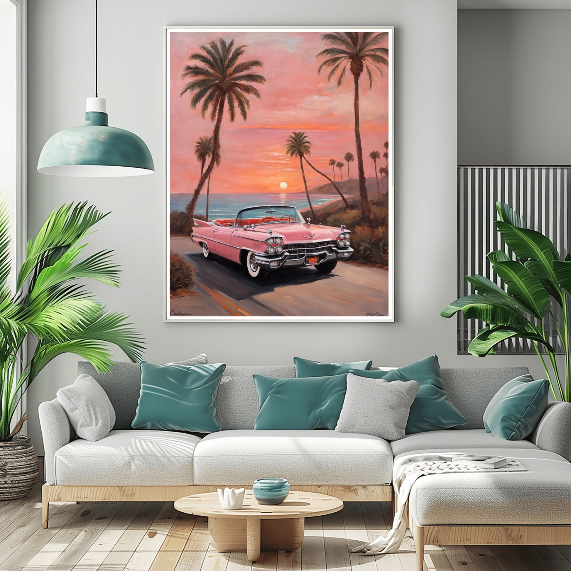 retro car beach sunset artwork featuring a pink vintage car and palm trees at sunset