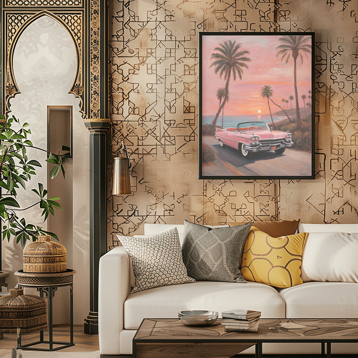 Retro car beach sunset artwork featuring a vintage pink car and palm trees at sunset displayed in living room