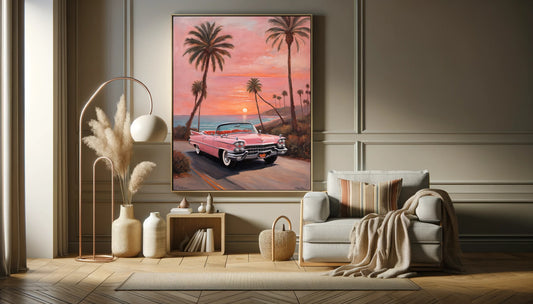 Retro car beach sunset artwork by AquilVision displayed in a modern living room with neutral decor