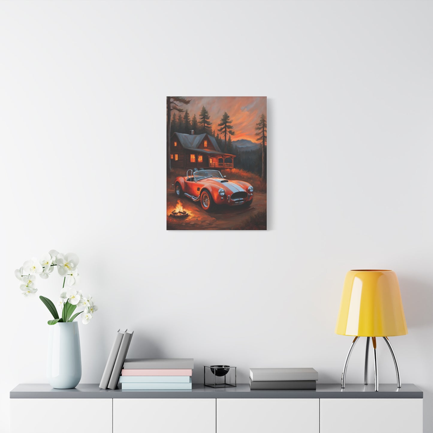 Retro Car Canvas depicting a red sports car in a scenic evening setting with a cabin