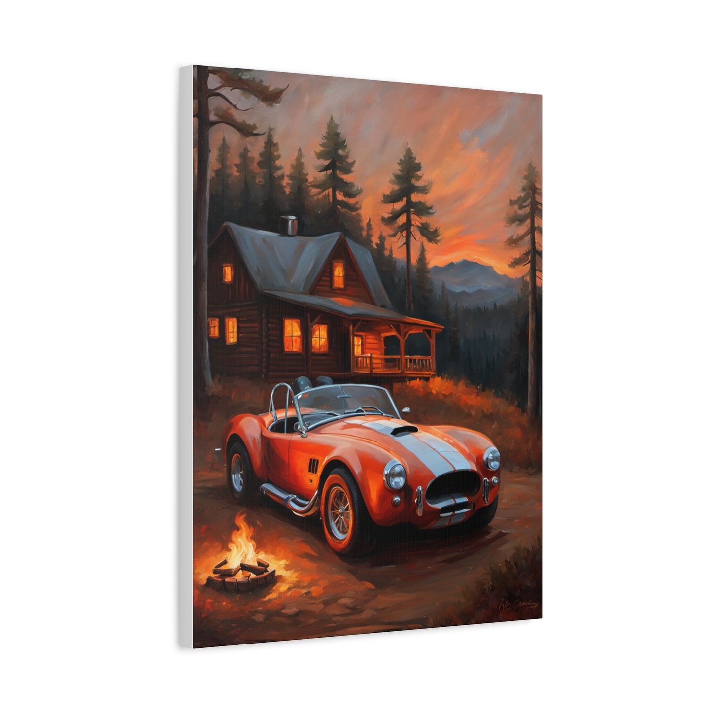 Retro Car Canvas featuring a vibrant orange car parked by a cozy cabin at sunset