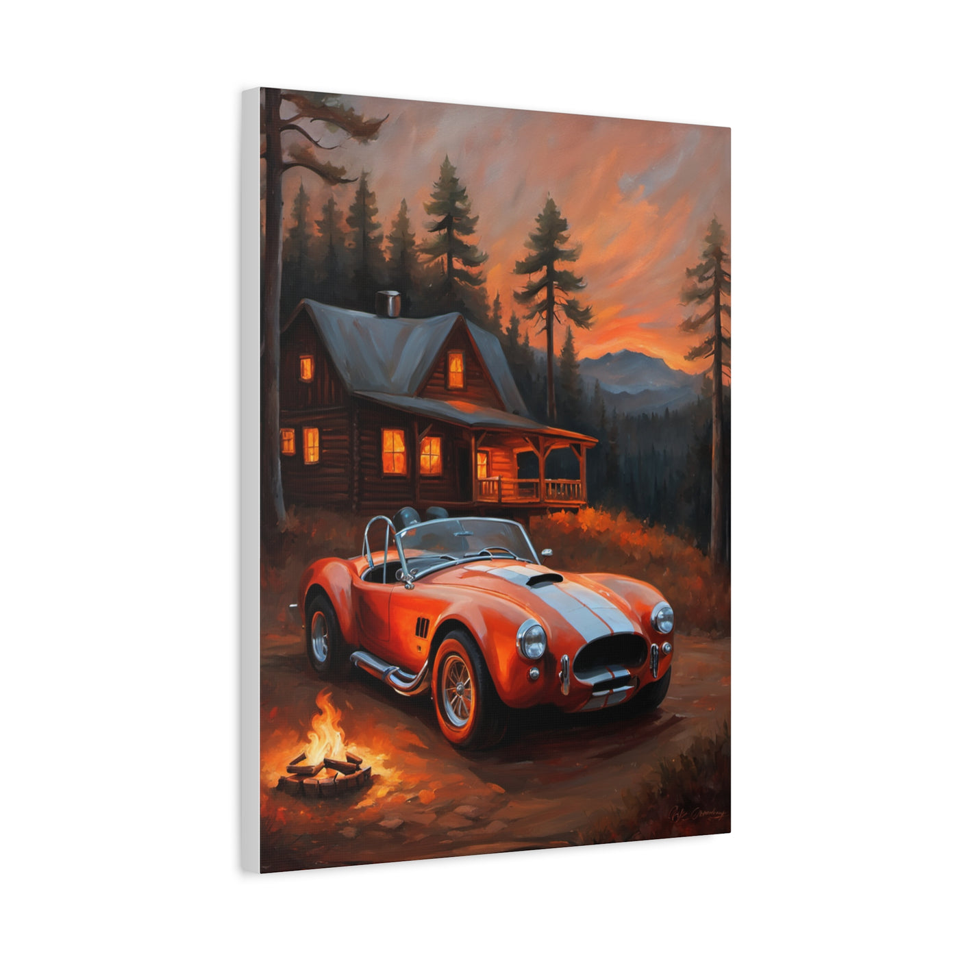 Retro Car Canvas featuring a vibrant orange car parked by a cozy cabin at sunset