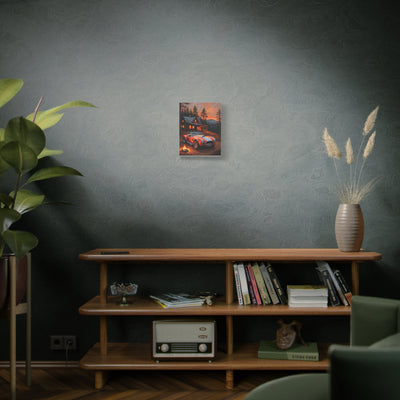 Stylish Retro Car Canvas artwork displayed on a wooden shelf in a modern living room