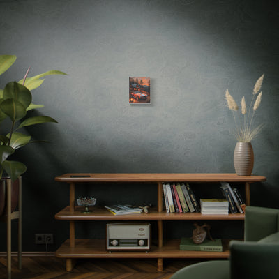 Retro Car Canvas displayed on a living room shelf with plants and decor