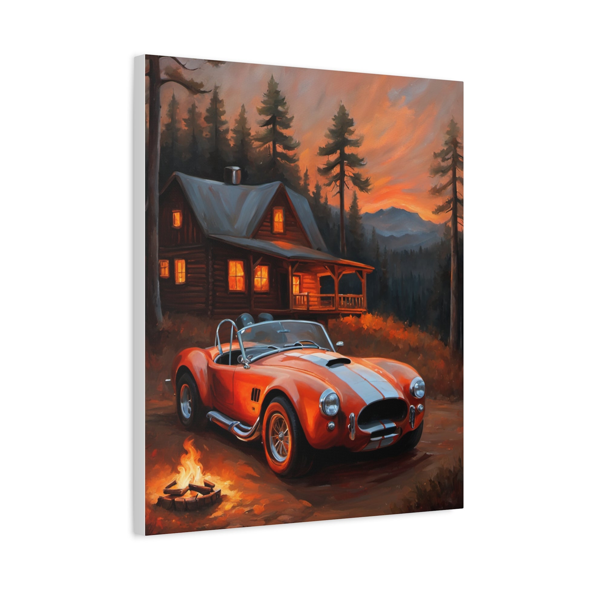 Vintage scene featuring a Retro Car Canvas with a red sports car near a cabin at sunset
