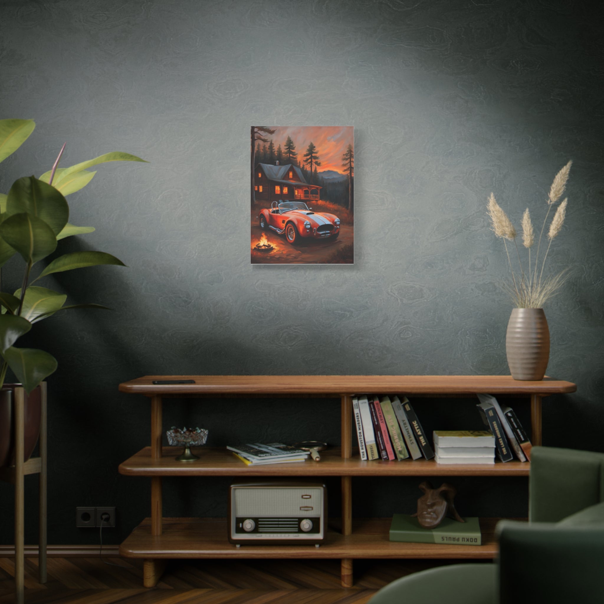 Retro Car Canvas featuring a vintage car in a cozy forest setting, perfect for home decor