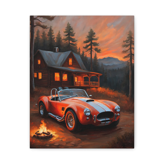 Retro Car Canvas featuring a classic red sports car parked near a cozy cabin at sunset