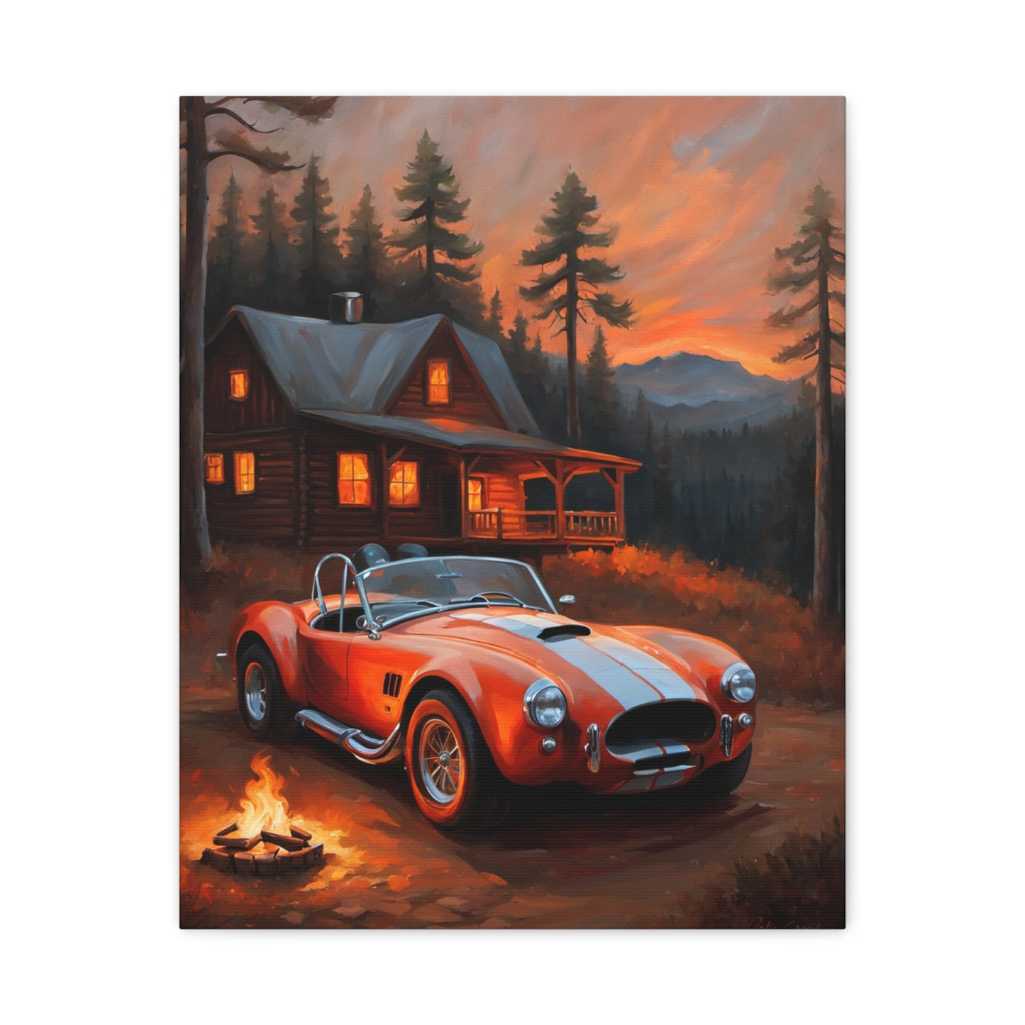 Stunning Retro Car Canvas featuring a red classic car by a cabin during sunset