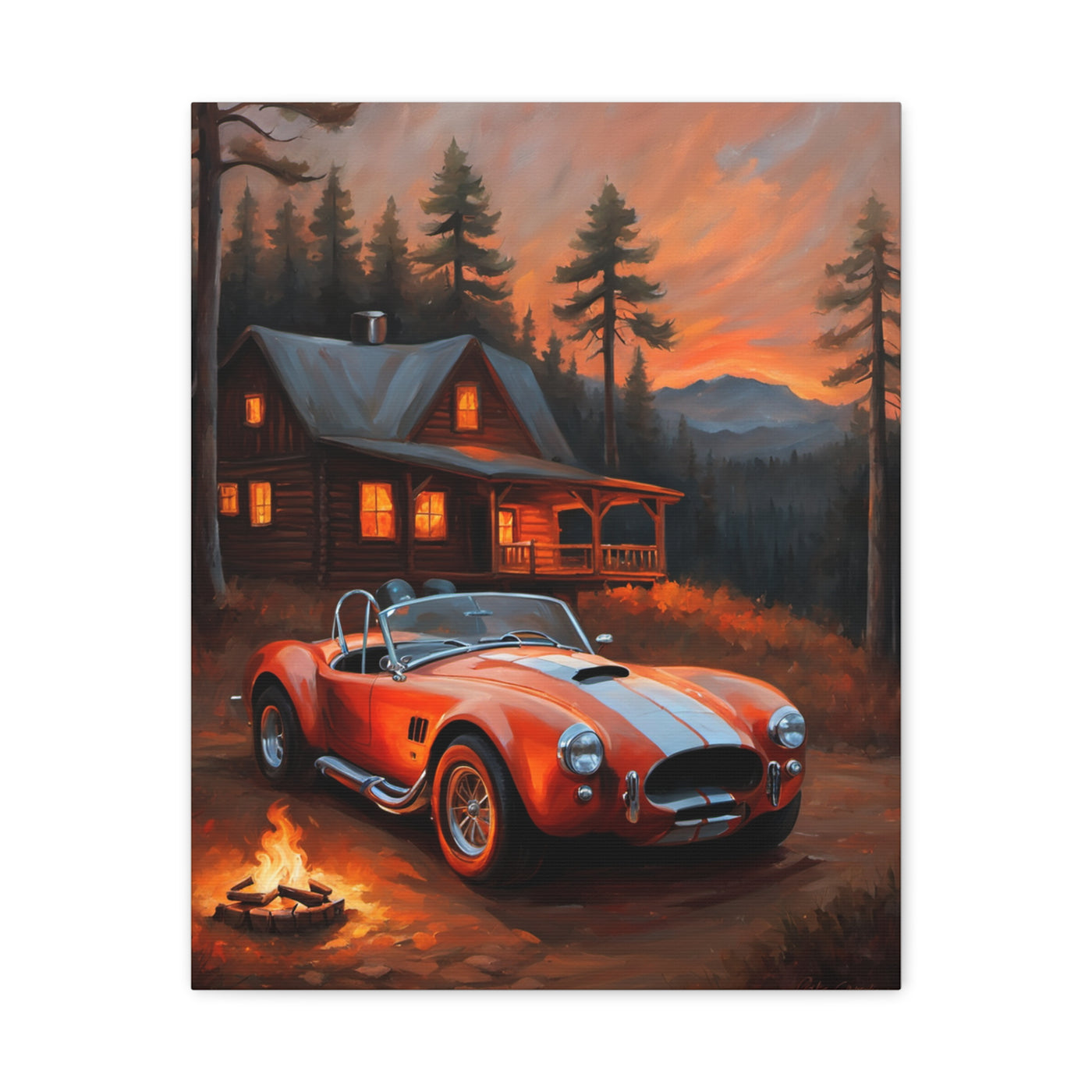 Stunning Retro Car Canvas featuring a red classic car by a cabin during sunset