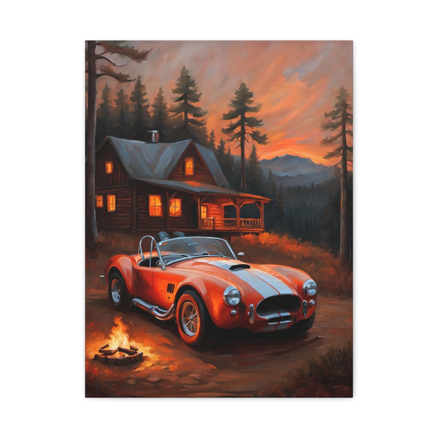 Retro Car Canvas featuring a red sports car parked near a cabin in a forest at sunset