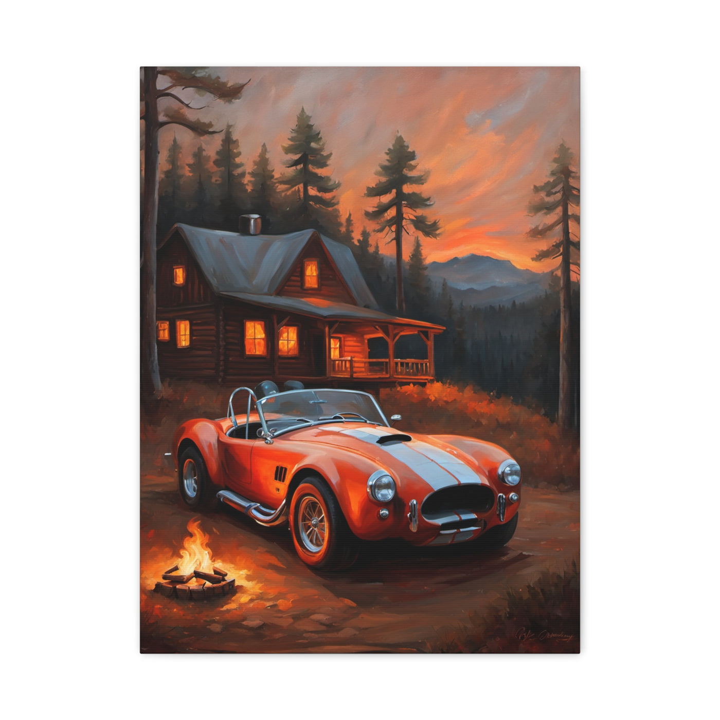 Retro Car Canvas featuring a red sports car parked near a cabin in a forest at sunset