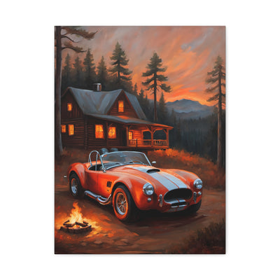 Retro Car Canvas featuring a red sports car parked near a cabin in a forest at sunset