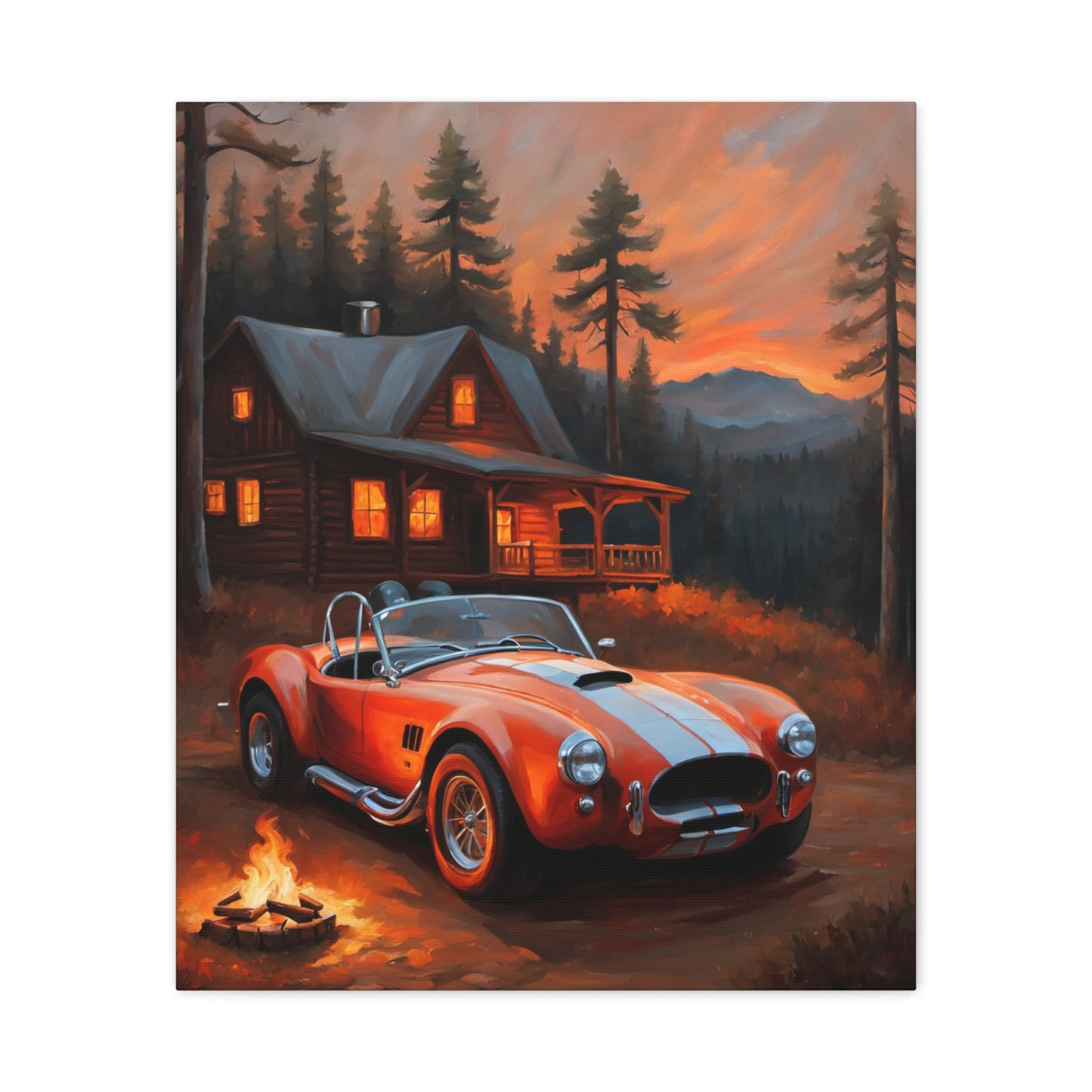 Vibrant Retro Car Canvas featuring a red sports car in front of a cabin at sunset