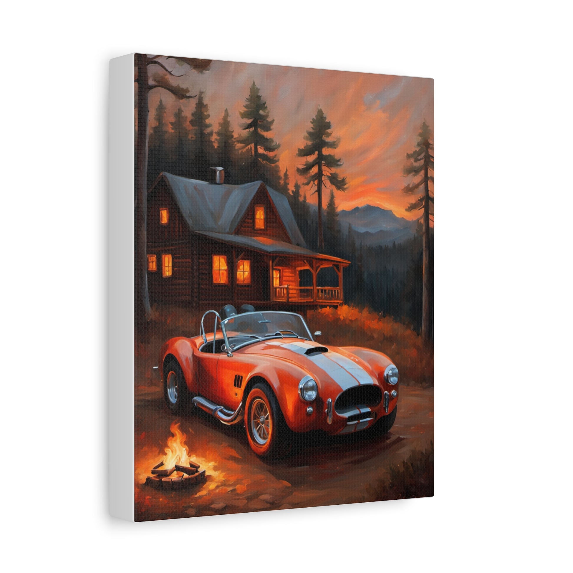 Retro Car Canvas featuring a red vintage sports car near a cabin at sunset