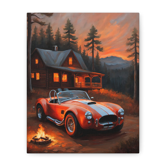 Retro Car Canvas featuring a classic red sports car in front of a cozy cabin at sunset