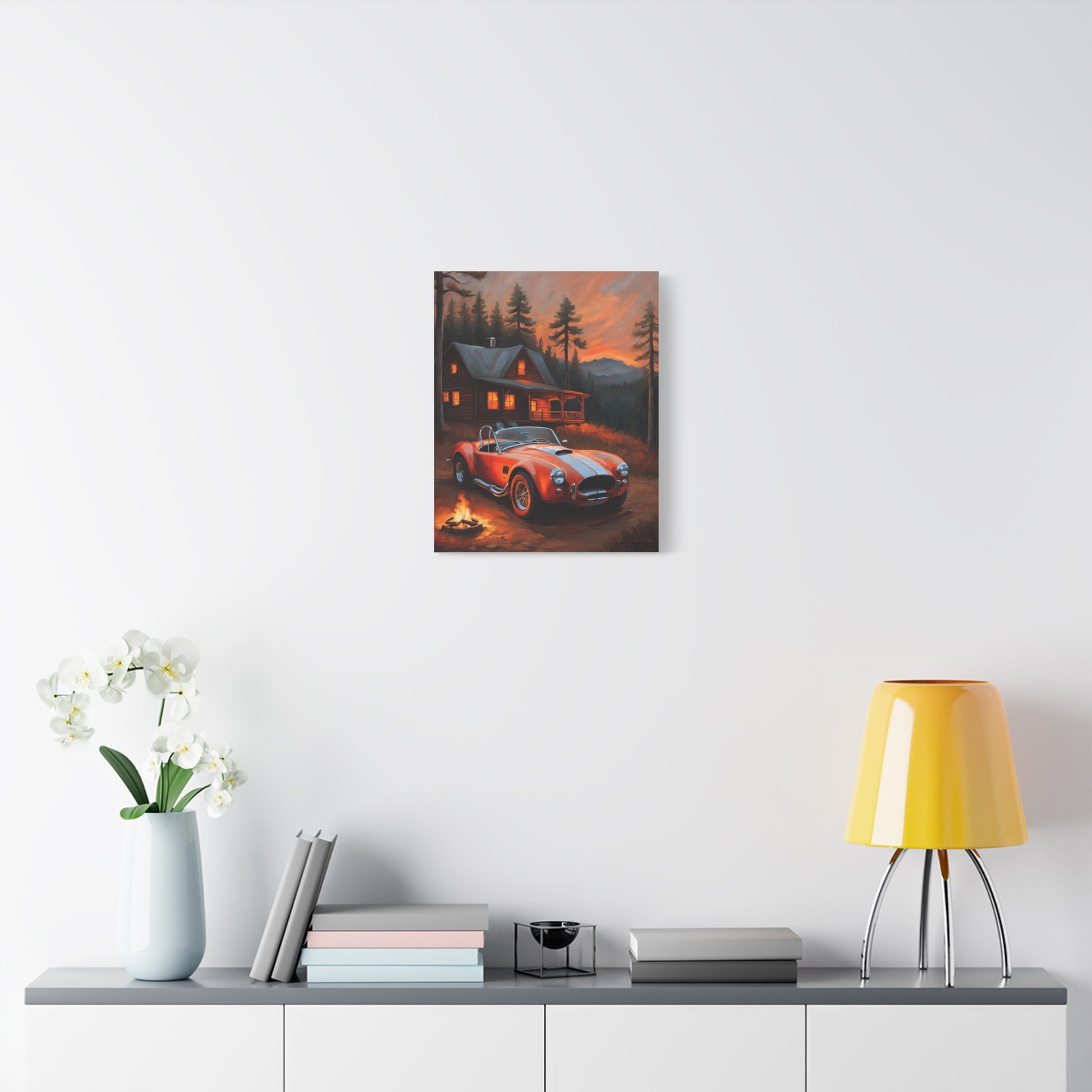 Vintage scene featuring a Retro Car Canvas with a rustic house and trees in the background