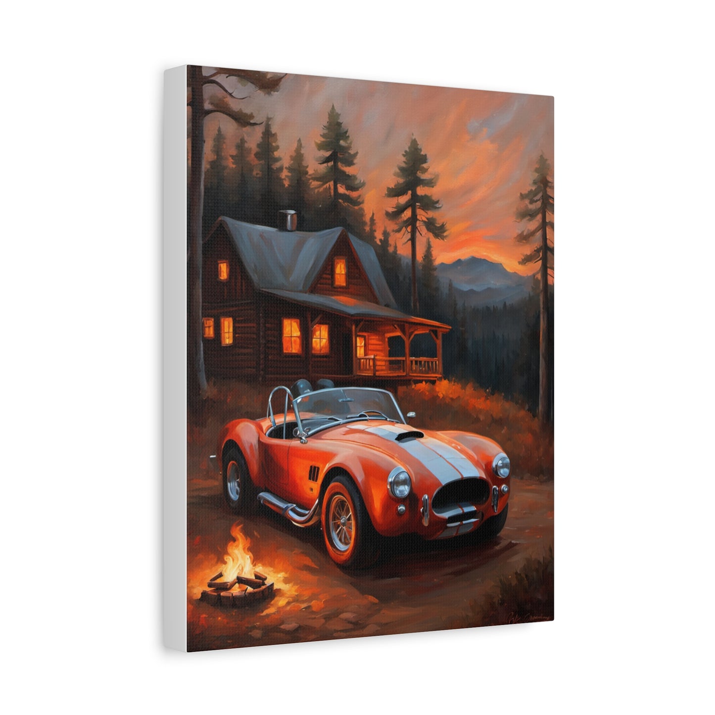 Retro Car Canvas featuring a classic red sports car in front of a cabin at sunset