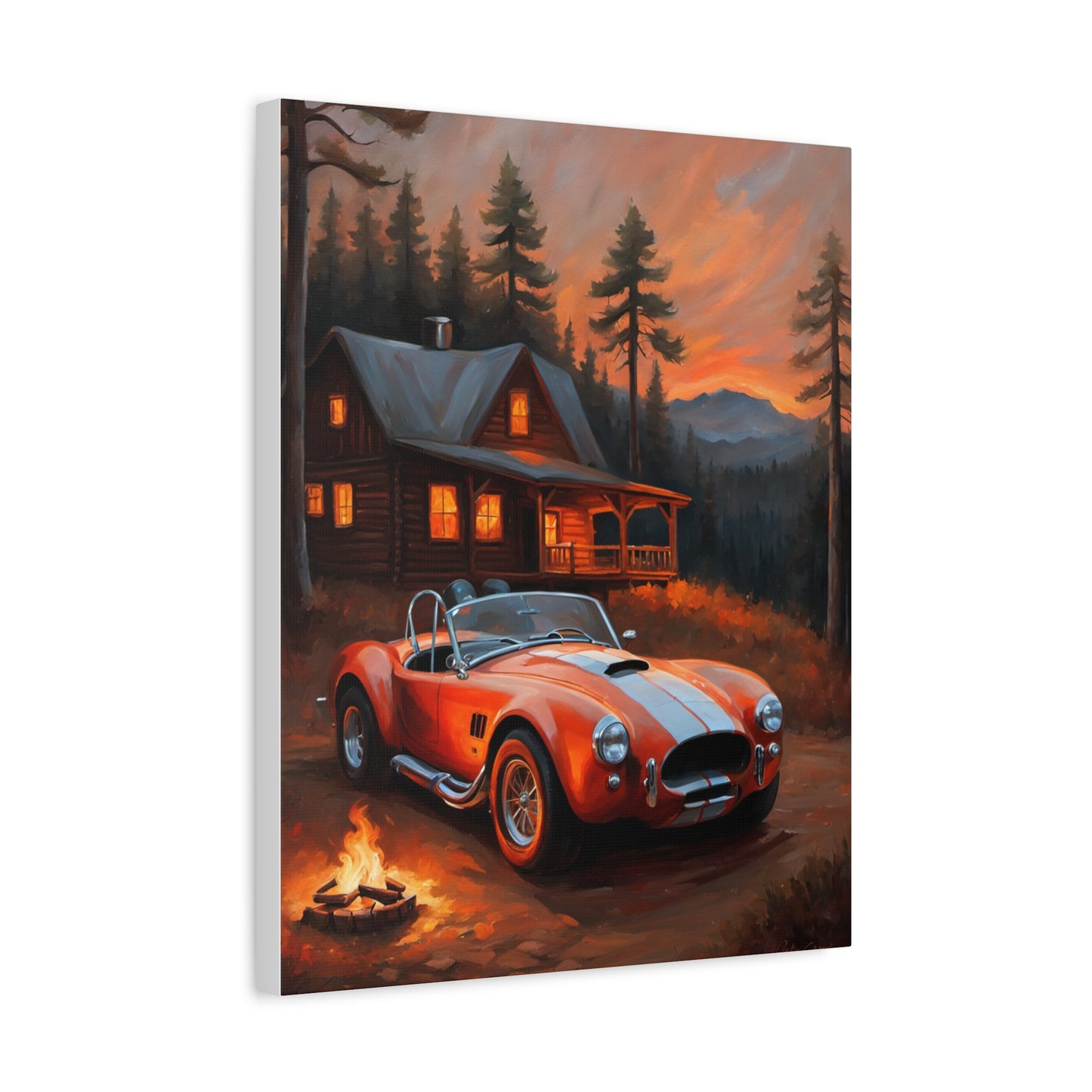 Retro Car Canvas featuring a red sports car parked near a cabin at sunset