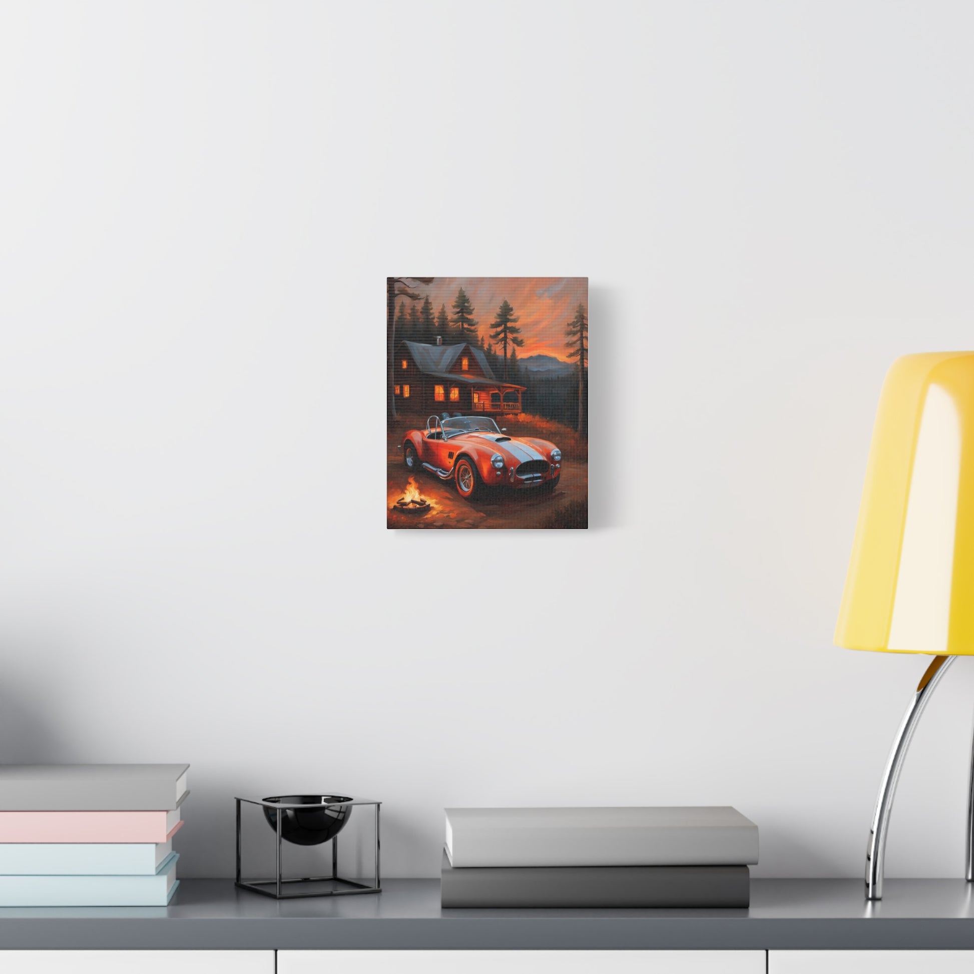 Retro Car Canvas featuring a classic car in a cozy cabin setting with a warm glow