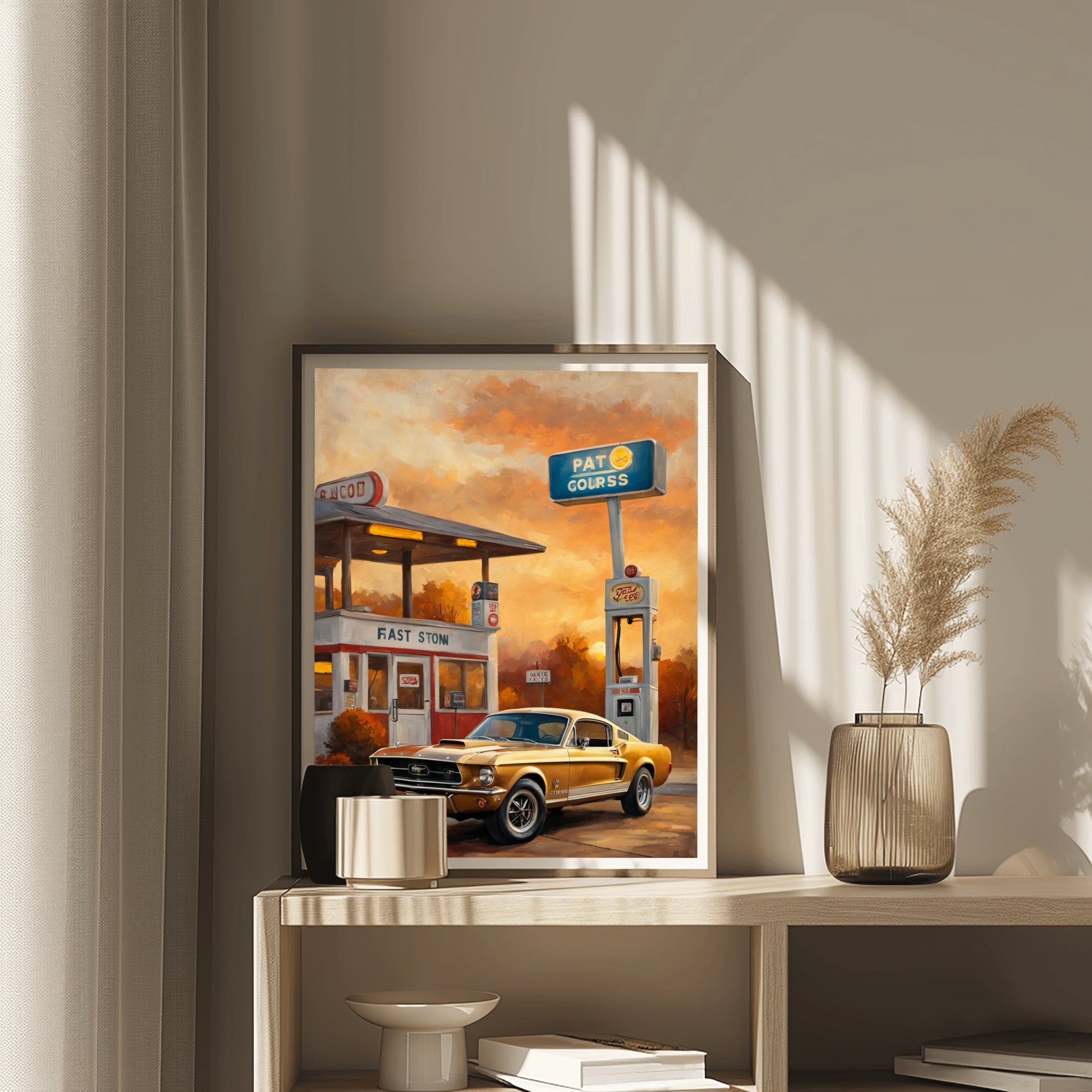 Framed retro car decor for living room featuring a vintage yellow car and gas station artwork on a modern shelf