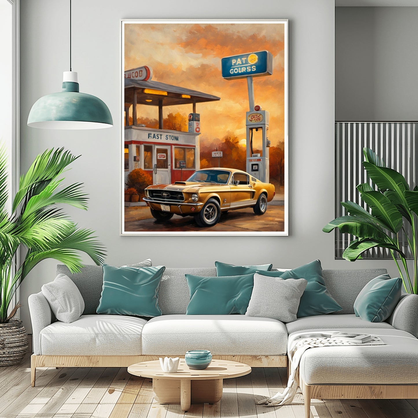 Retro car decor for living room featuring a vintage car painting above a modern white sofa with green pillows
