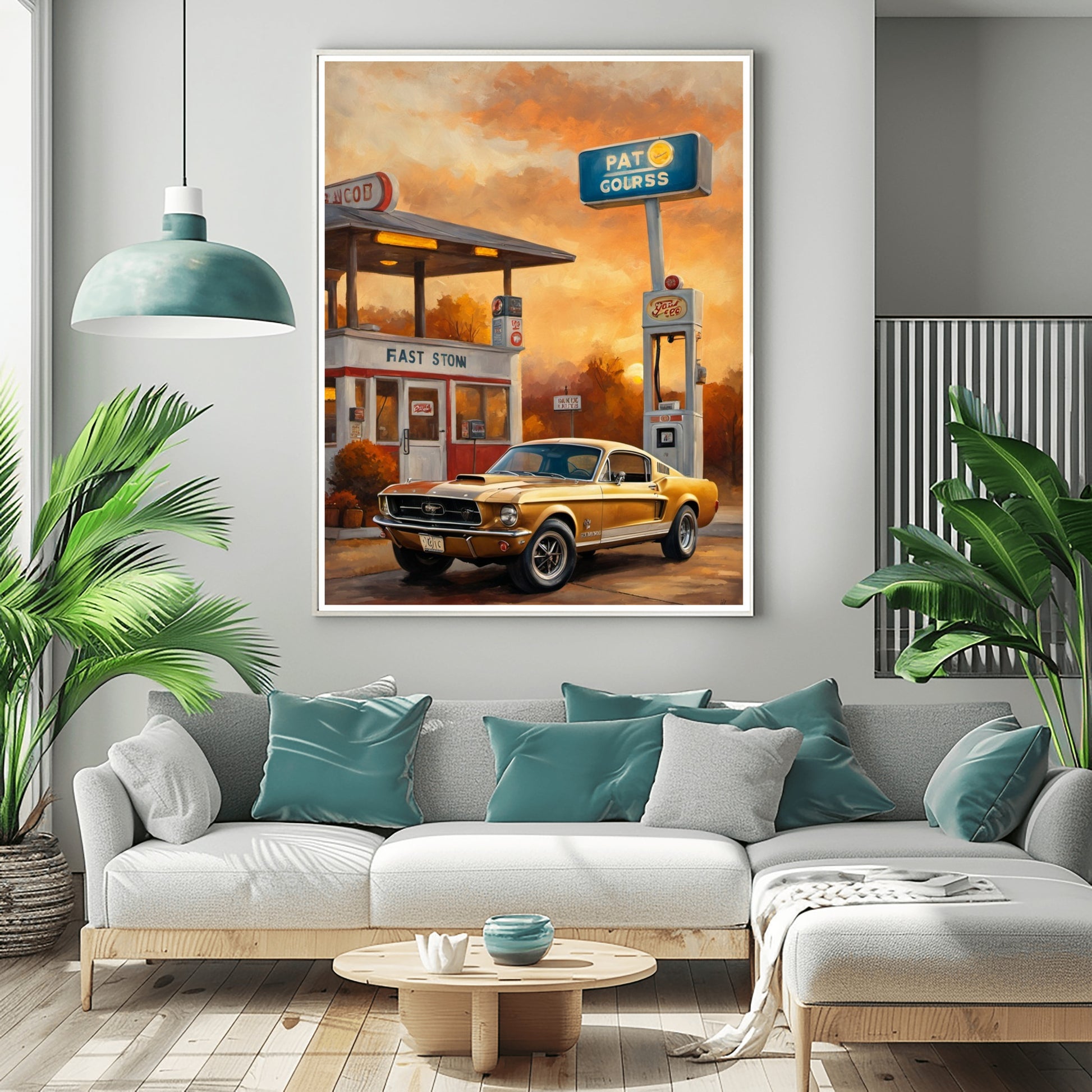 Retro car decor for living room featuring a vintage car painting above a modern white sofa with green pillows
