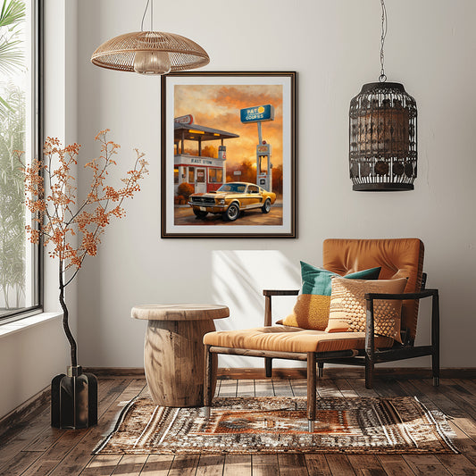 Retro car decor for living room featuring framed vintage car art above a cozy chair and wooden stool
