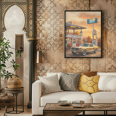 Retro car decor for living room displayed as a framed vintage car painting above a white sofa
