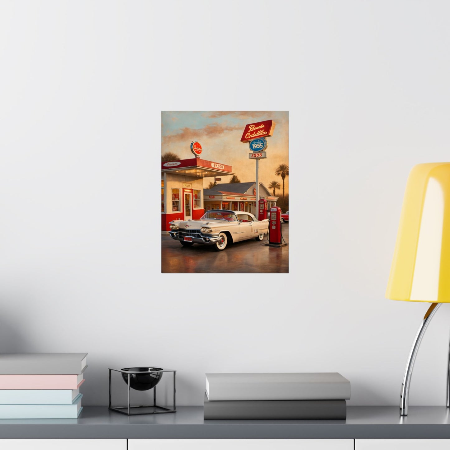 Retro Car Poster featuring a classic car parked at a vintage gas station with vibrant colors