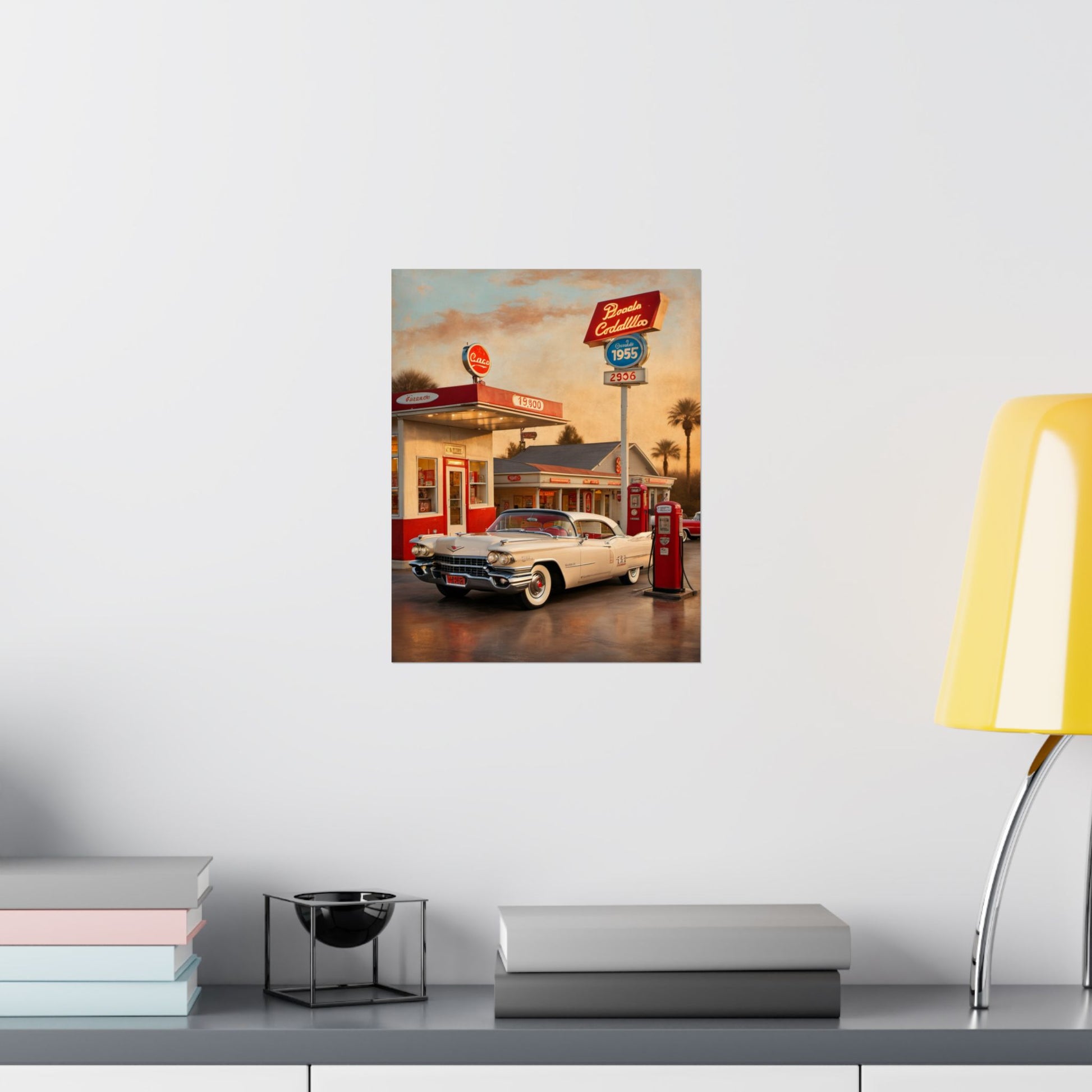 Retro Car Poster featuring a classic car parked at a vintage gas station with vibrant colors