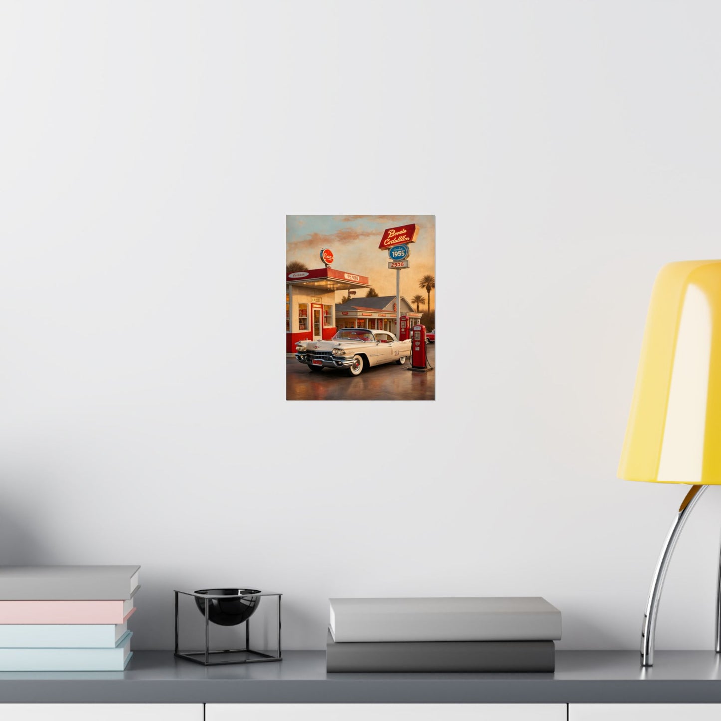 Retro Car Poster featuring a classic car at a vintage gas station with nostalgic colors