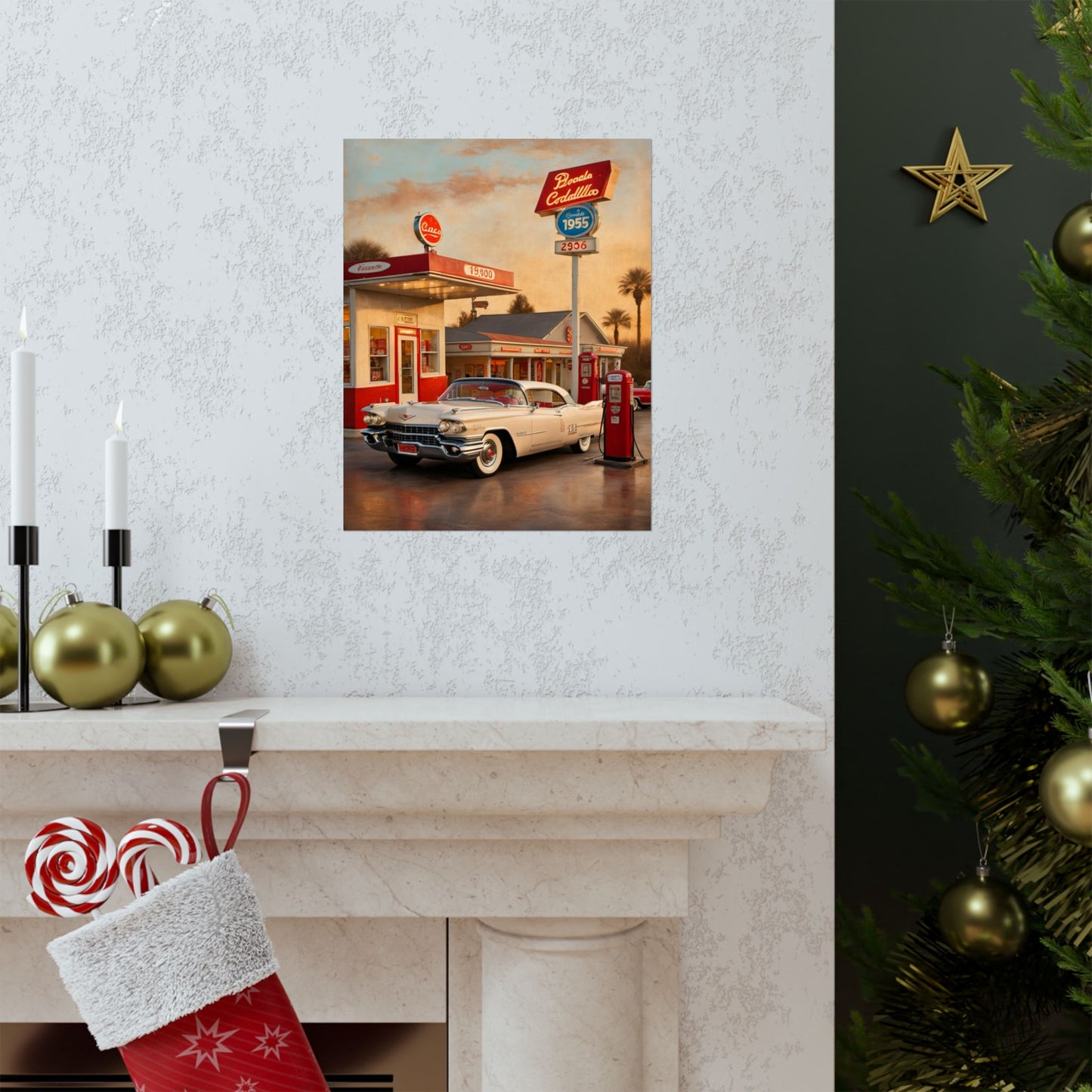 Nostalgic Car Poster featuring a classic car at a vintage gas station with holiday decorations