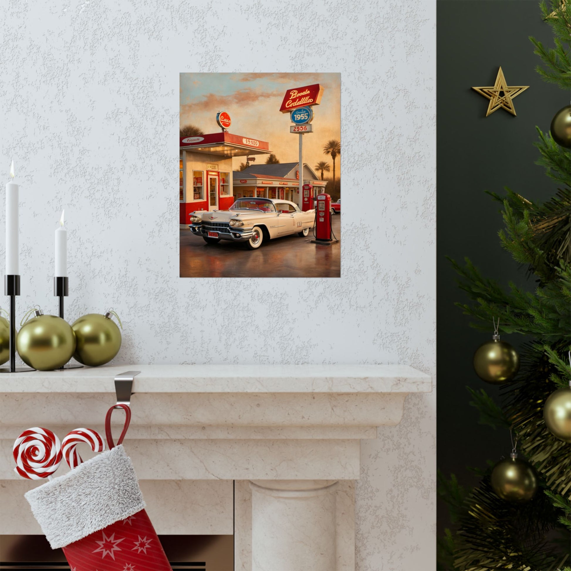 Nostalgic Car Poster featuring a classic car at a vintage gas station with holiday decorations