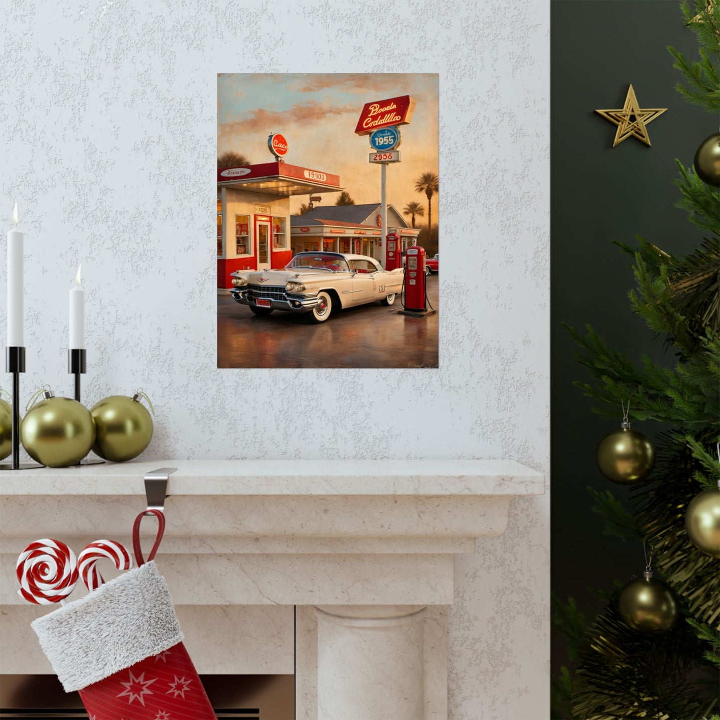 Retro Car Poster featuring a classic car at a vintage gas station with holiday decorations