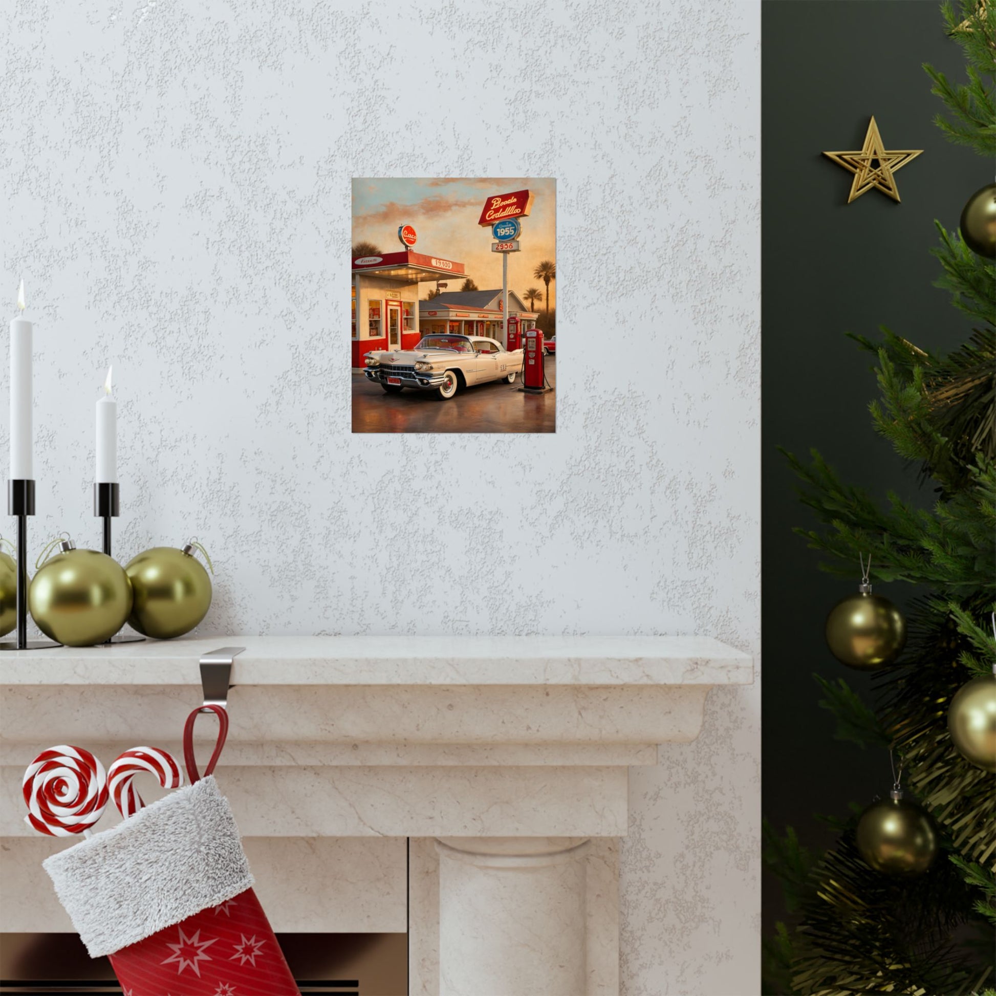 Vintage Retro Car Poster featuring a classic car at a gas station on a cozy mantel