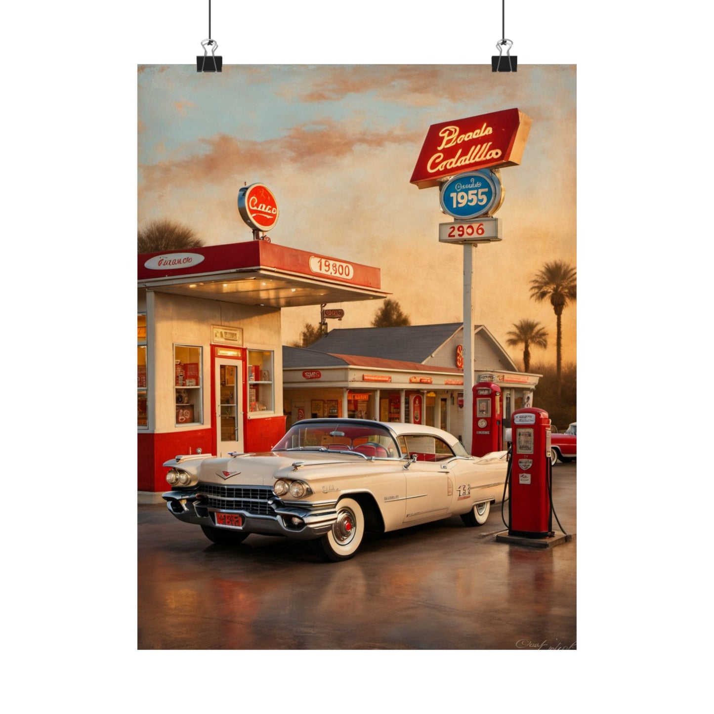 Retro Car Poster featuring a classic 1950s car at a vintage gas station in warm sunset lighting