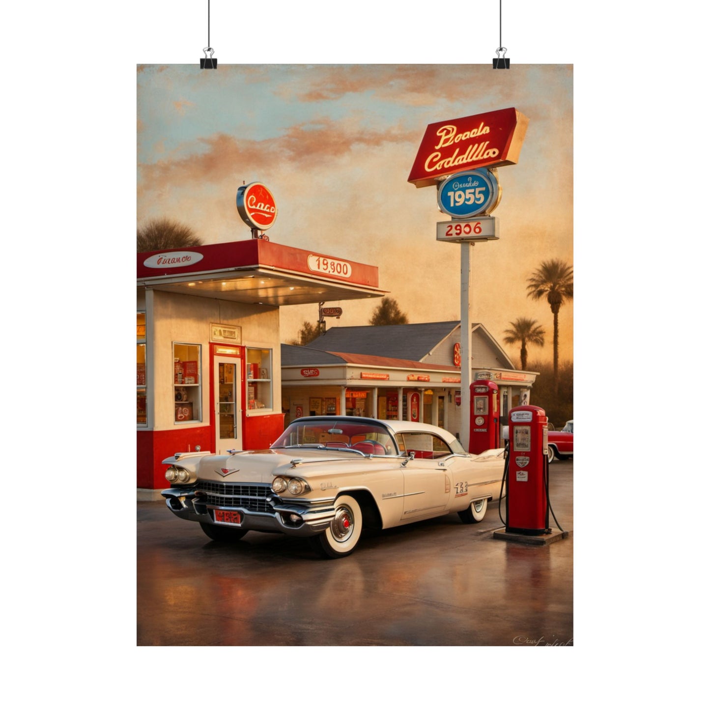 Retro Car Poster featuring a classic car at a vintage gas station with warm sunset lighting