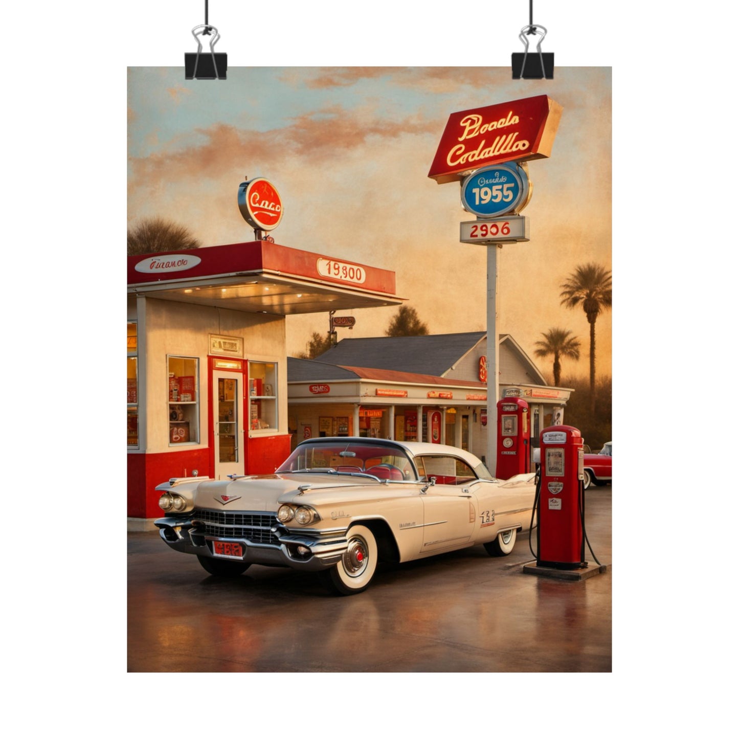Retro Car Poster featuring a classic Cadillac at a vintage gas station with a 1955 theme