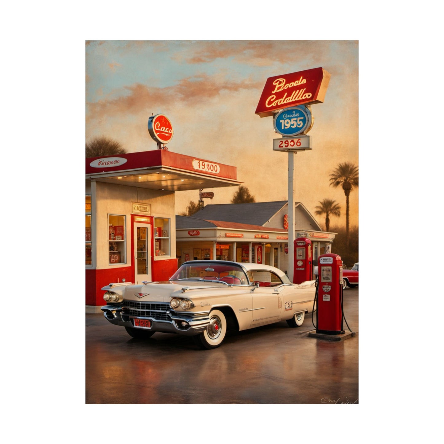 Retro Car Poster featuring a classic car at a vintage gas station with palm trees in the background