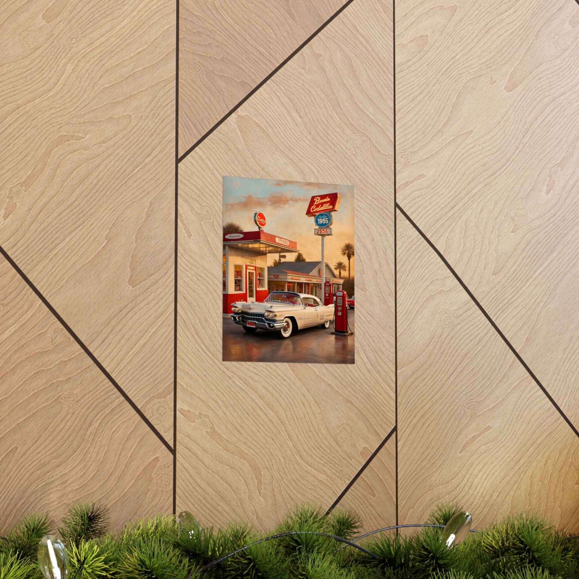 Vintage Retro Car Poster featuring a classic car at a gas station scene