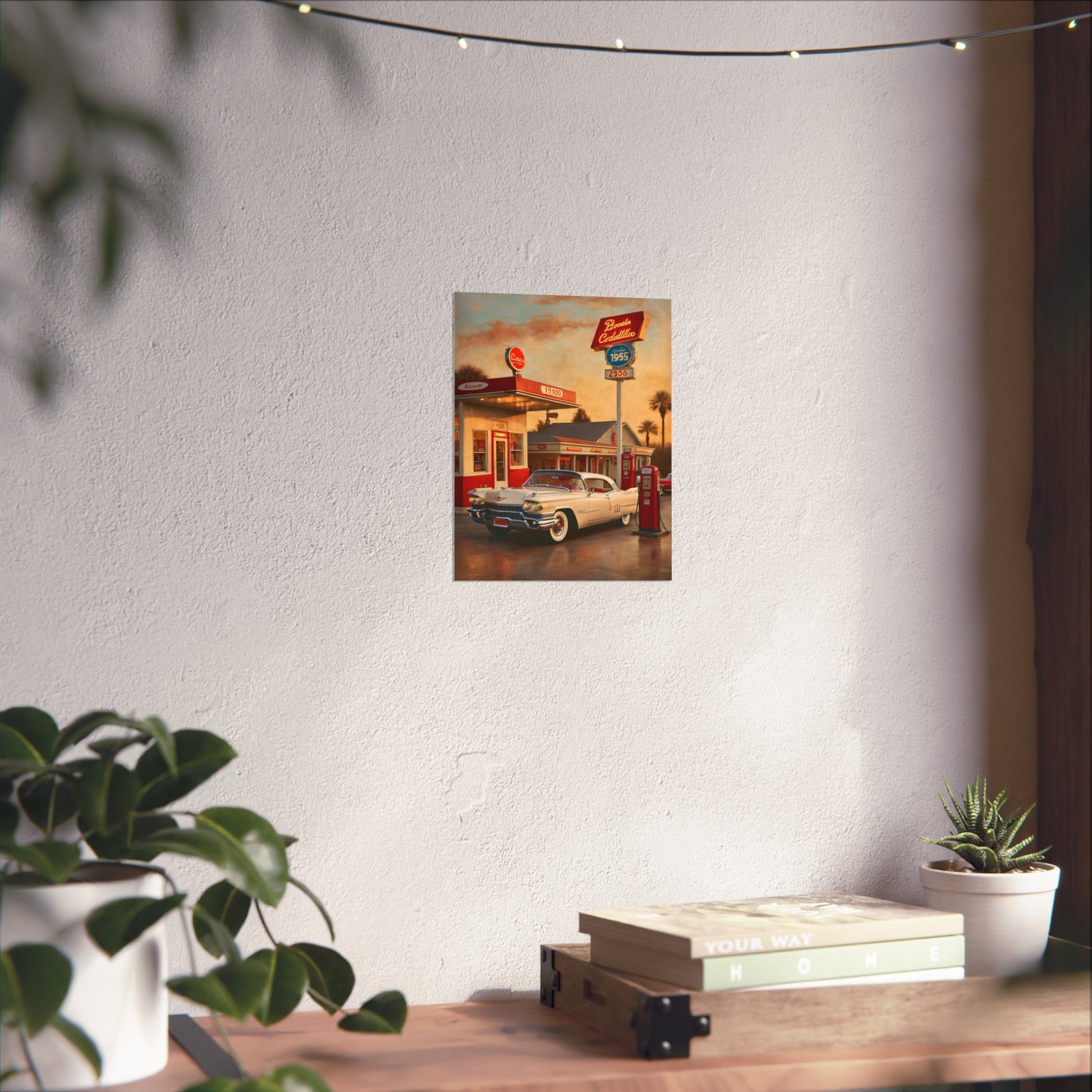 Retro Car Poster featuring a classic car at a vintage gas station in warm hues