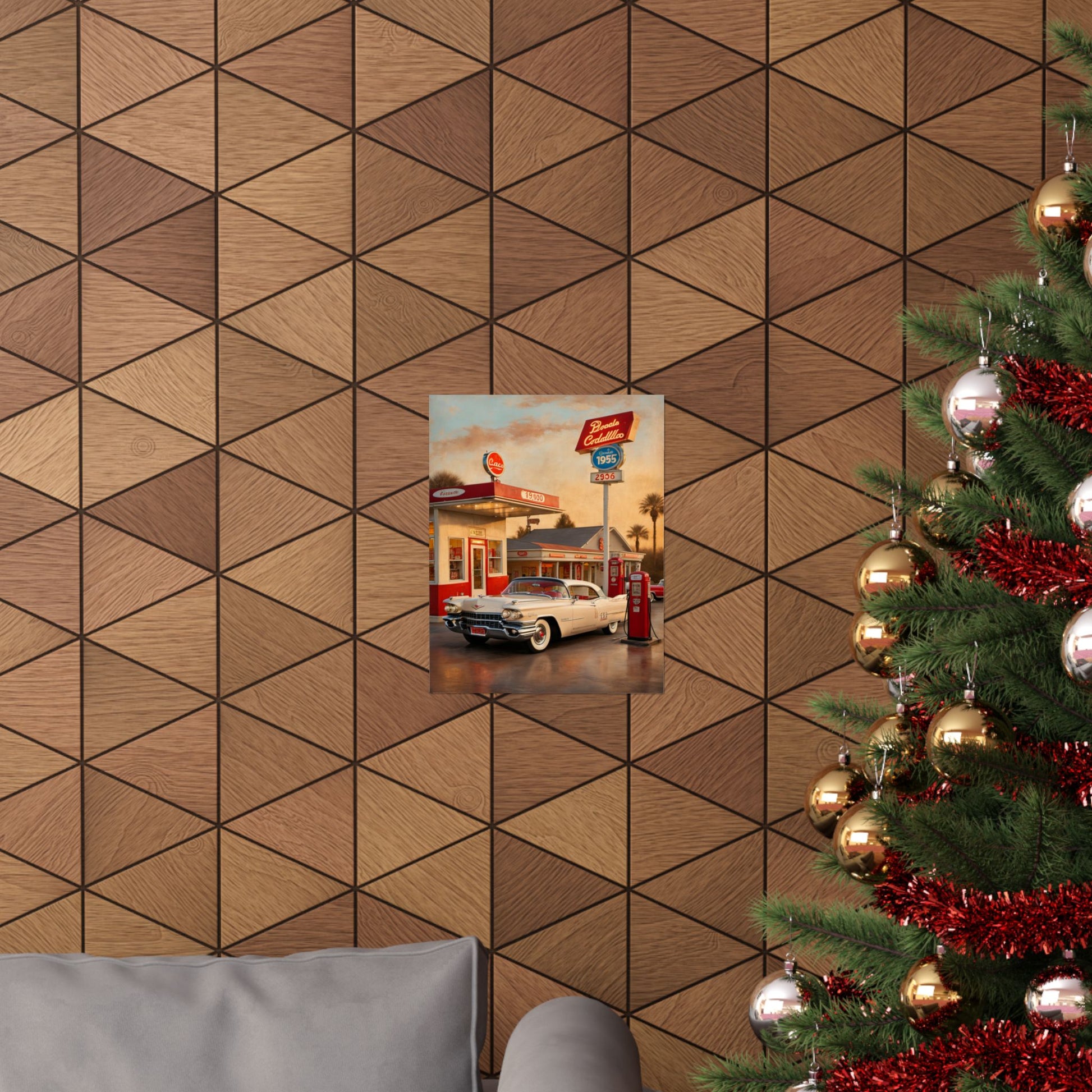 Retro Car Poster featuring a classic car displayed on a stylish geometric wall