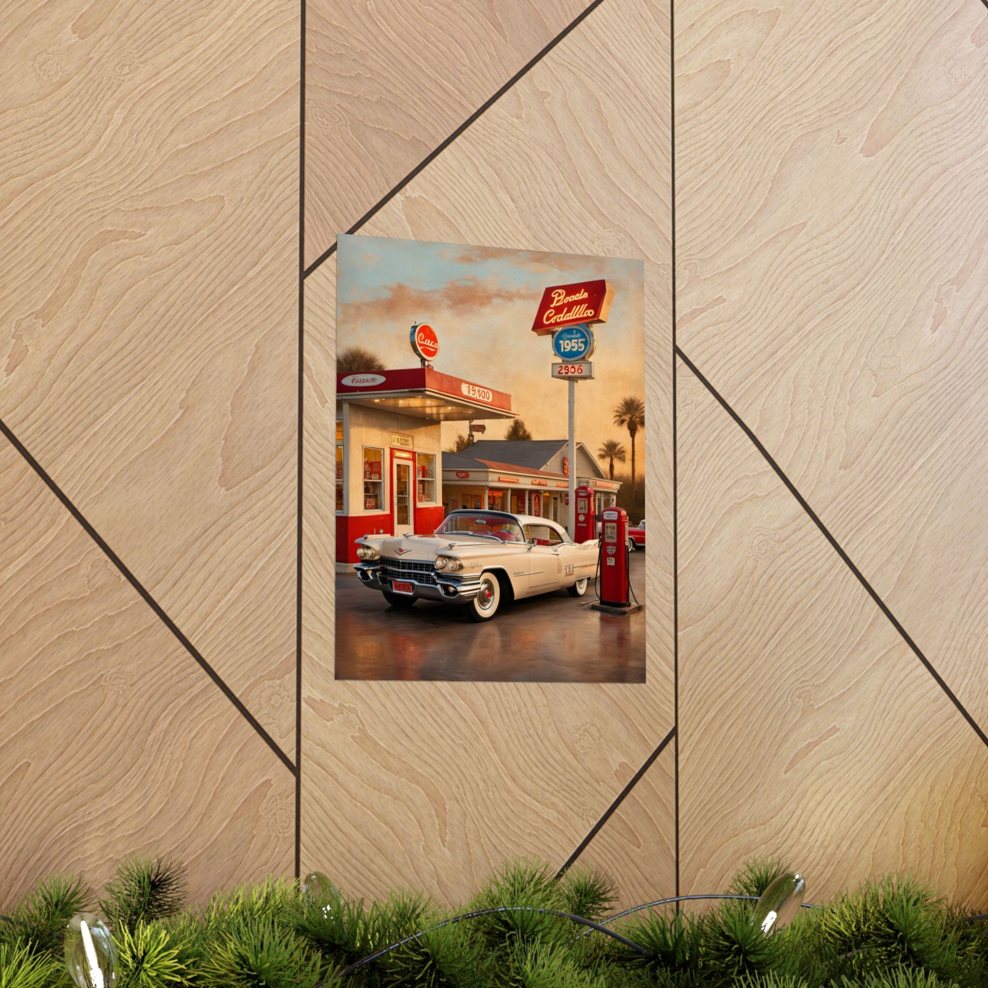 Retro Car Poster featuring a vintage gas station and classic white car on a wooden wall