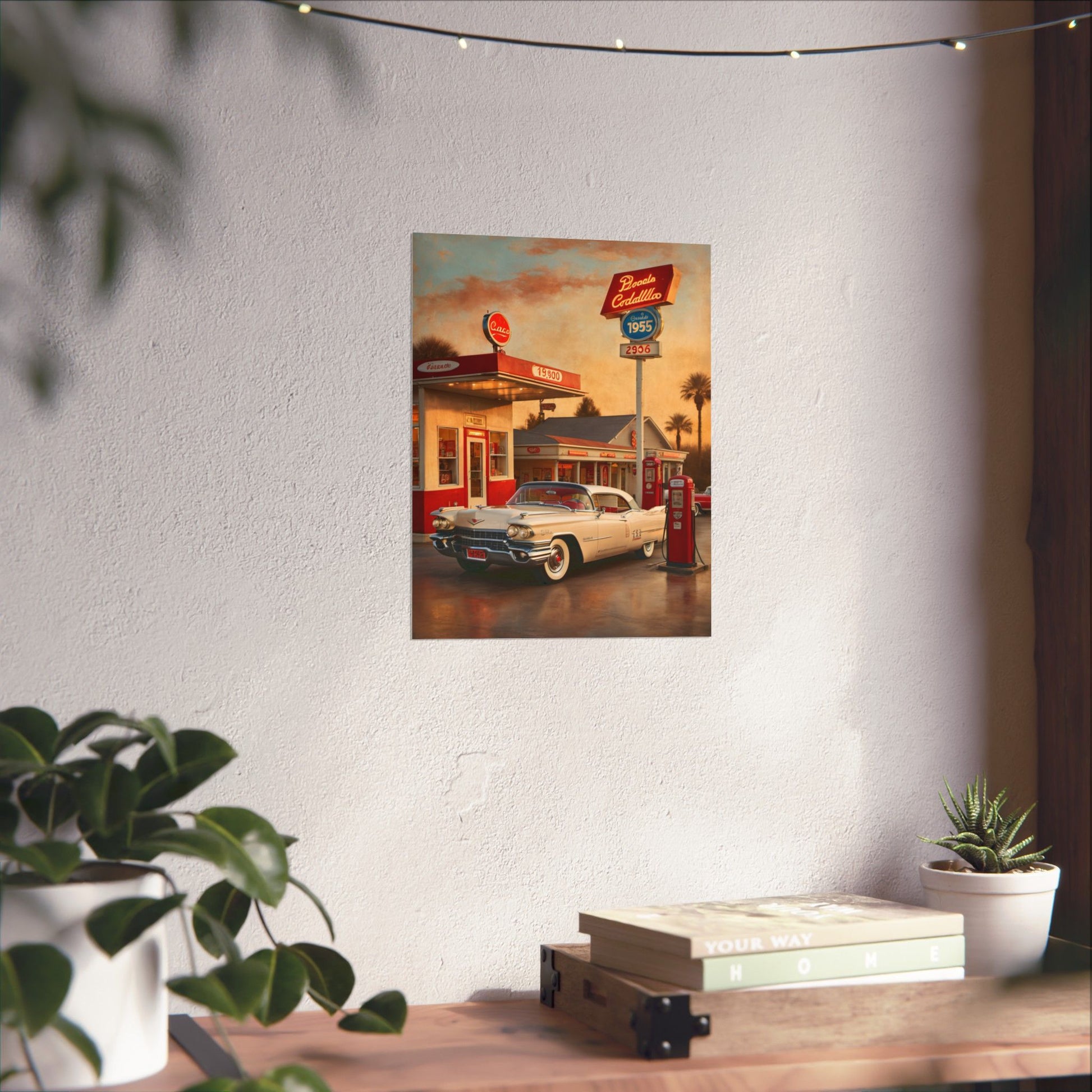 Retro Car Poster featuring a vintage car at a classic gas station with colorful signage