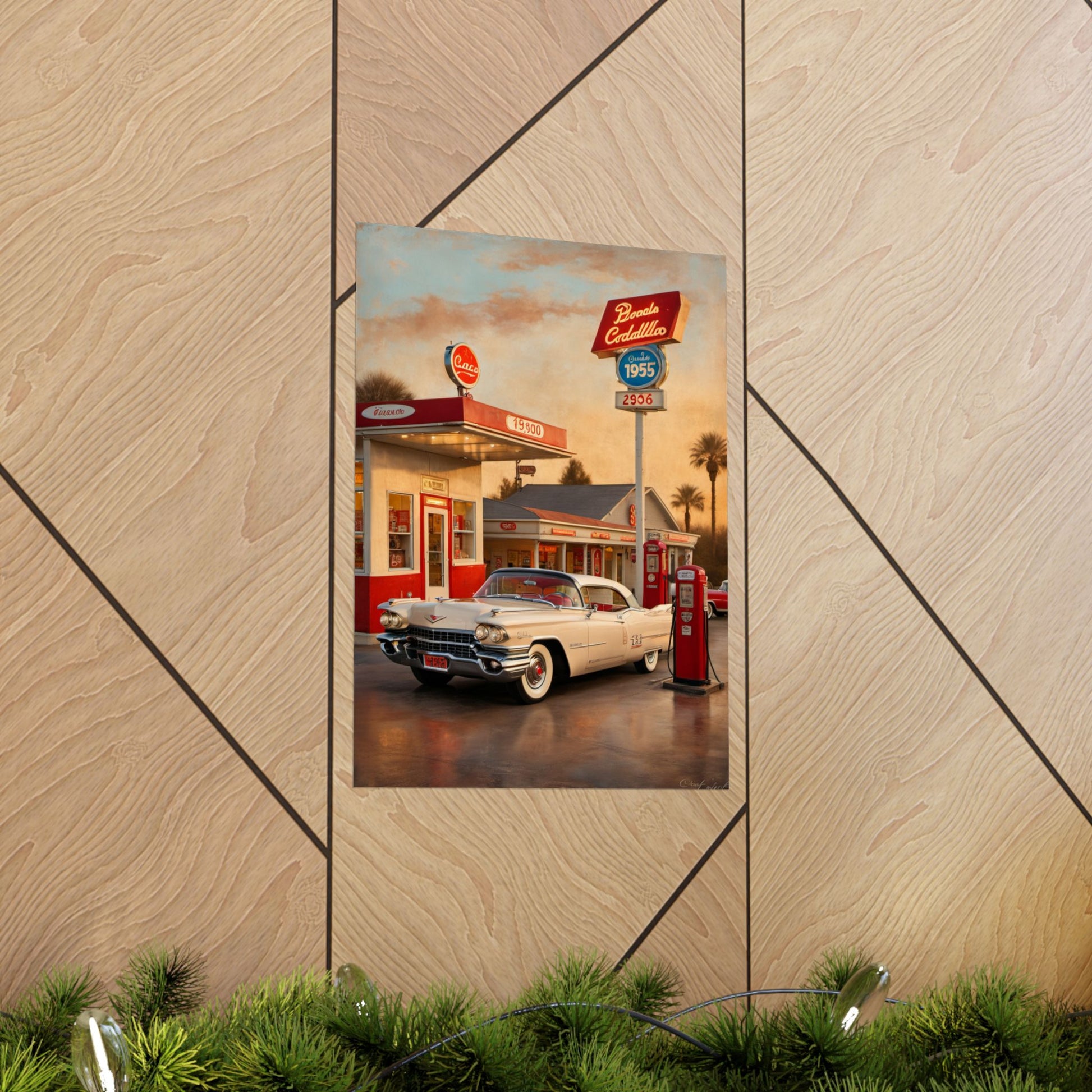 Retro Car Poster featuring a classic car at a vintage gas station scene