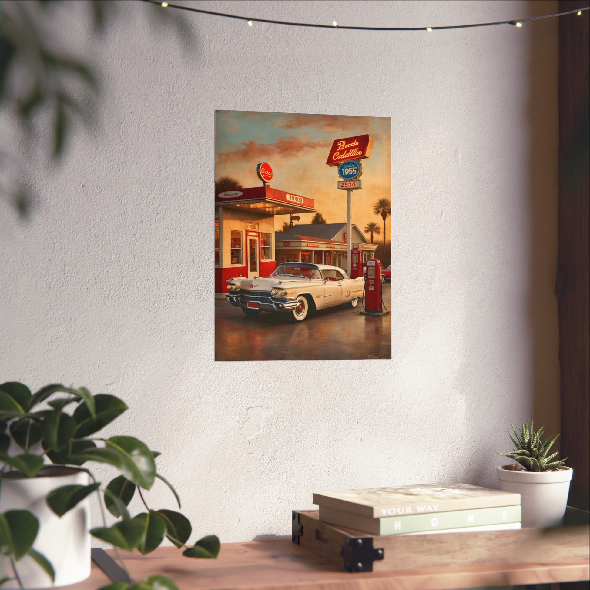 Vintage retro car poster featuring a classic car at a nostalgic gas station
