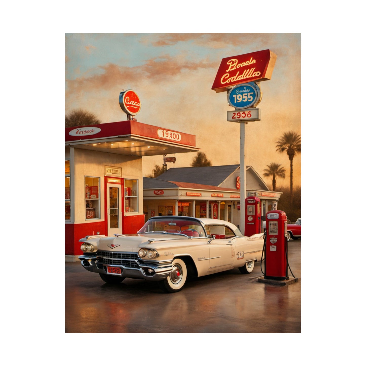 Vintage Retro Car Poster featuring a classic car at a nostalgic gas station