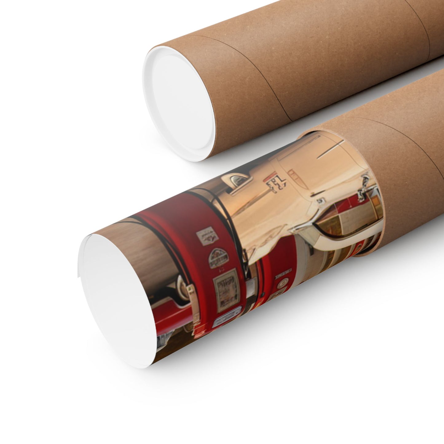 Retro Car Poster rolled in a brown cardboard tube for easy storage and transportation