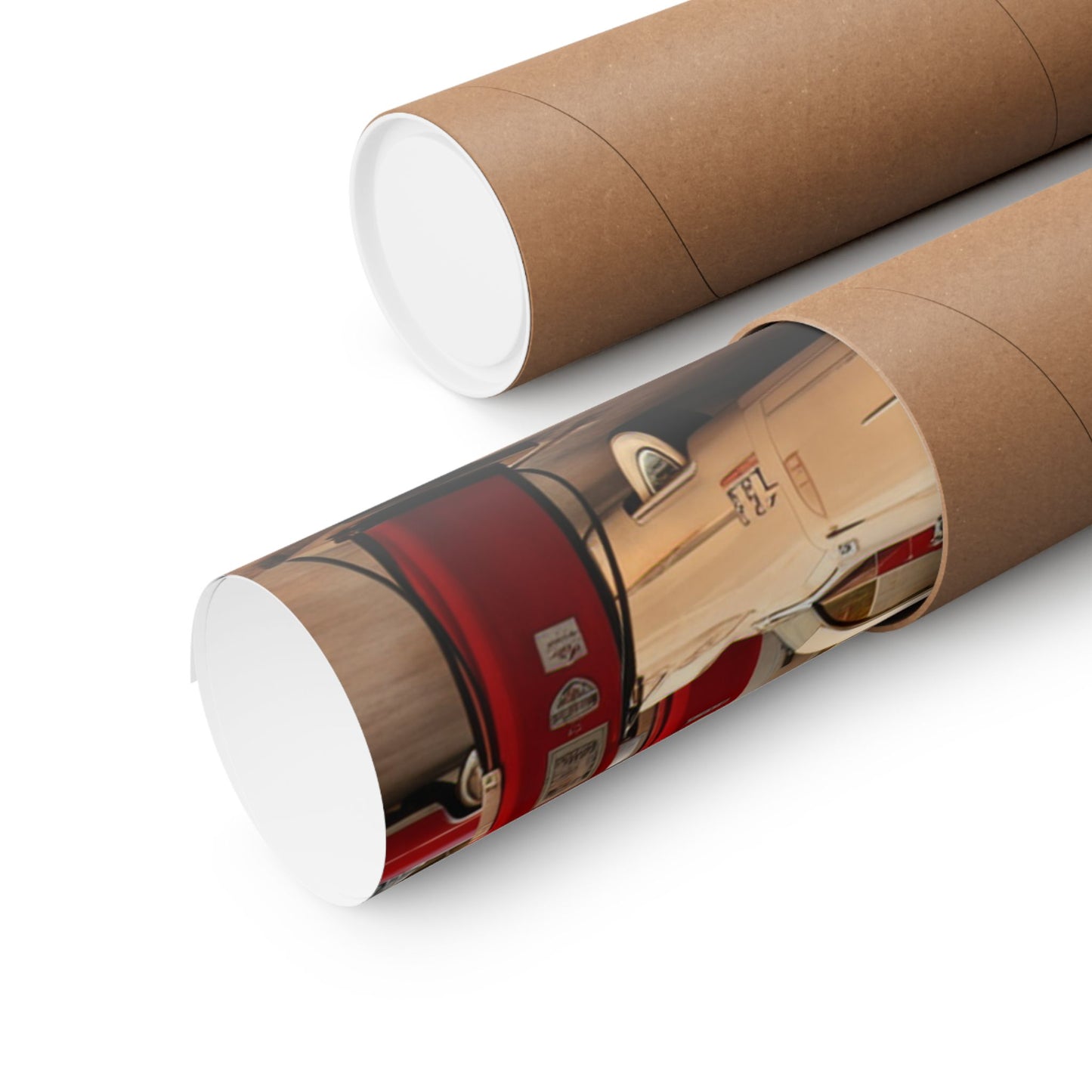 Retro Car Poster rolled up in a protective tube for easy transport and storage