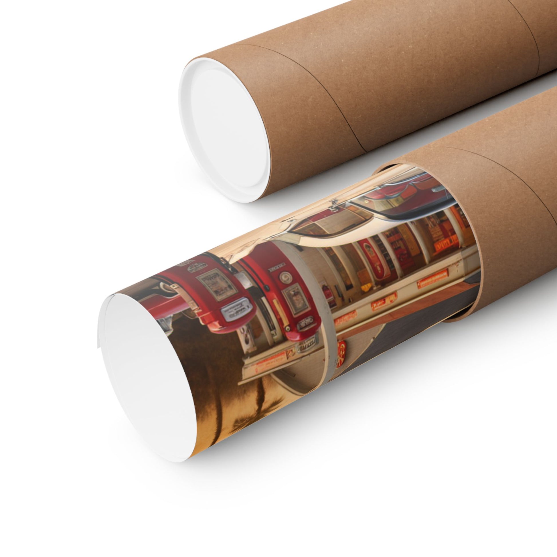 Retro Car Poster rolled in a brown protective tube perfect for vintage art enthusiasts
